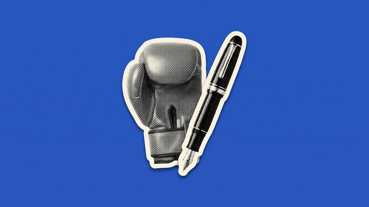 Halftone paper cutout of a boxing glove and a signed contract on a saturated indigo field