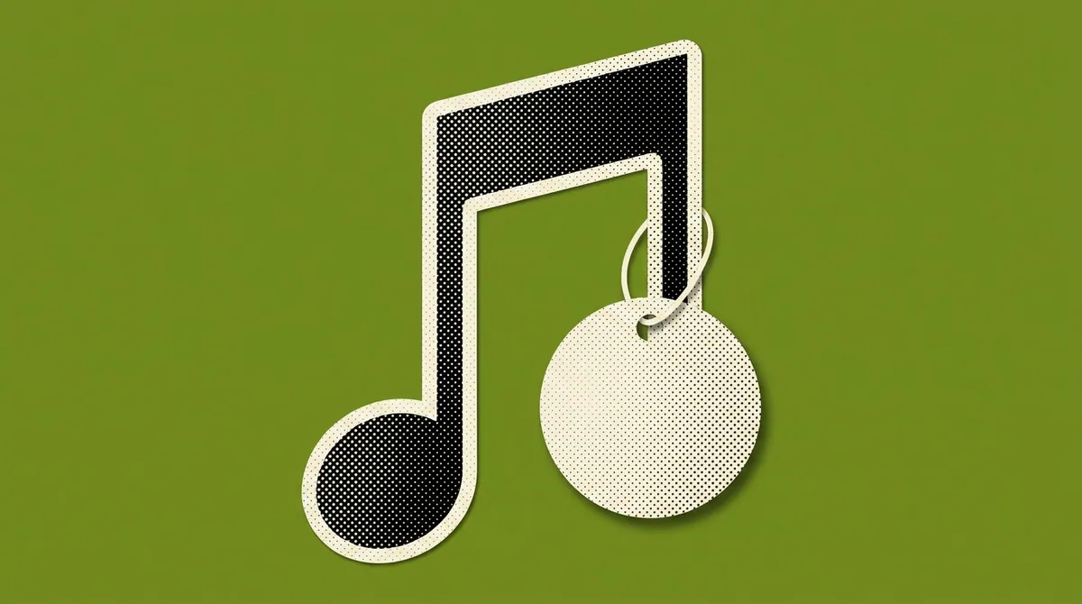 A musical note wearing a small identification tag, paper-cutout style