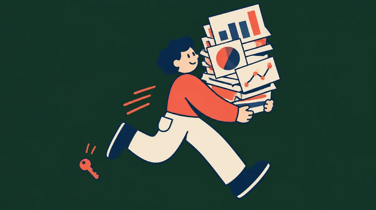 A flat vector character running with a huge stack of charts while a small key falls behind them