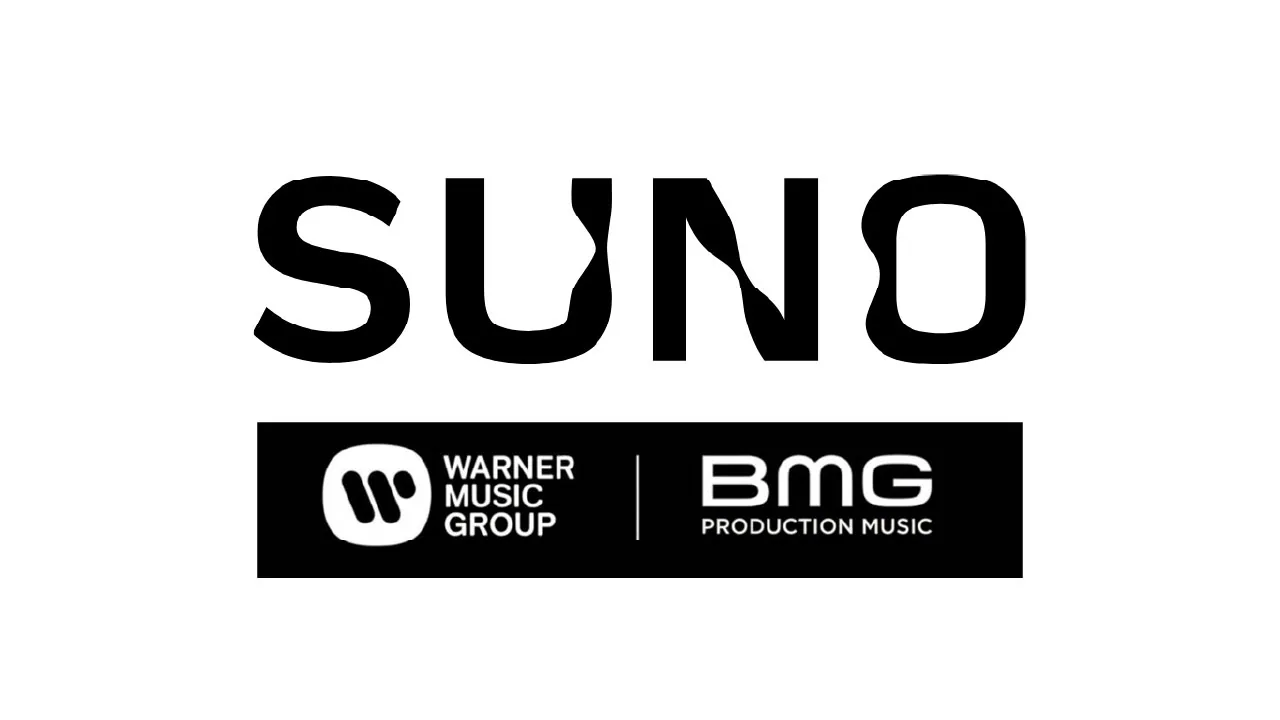 A sound wave and a signed contract rendered as halftone paper cutouts, for Suno launching its v6 AI music models with Warner Music Group and BMG
