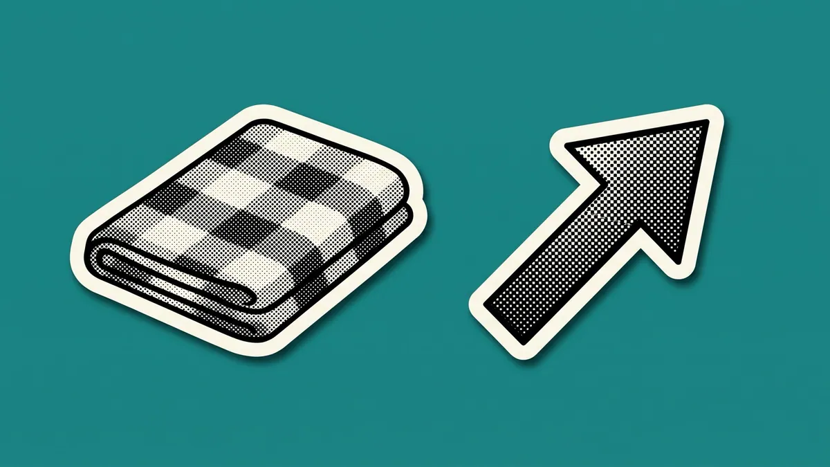 Halftone paper cutout of a folded saree and an upward arrow on a saturated teal background, for the SW Network and Garden Vareli mandate