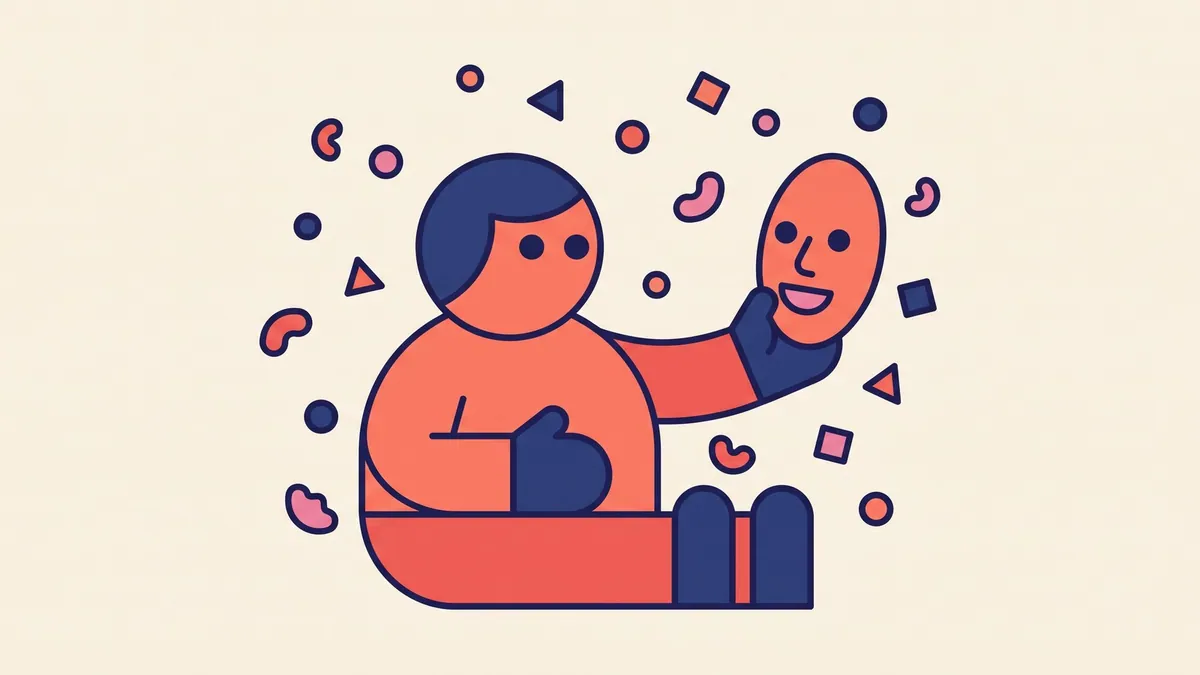 A flat vector character holding a mask of their own face at arm’s length