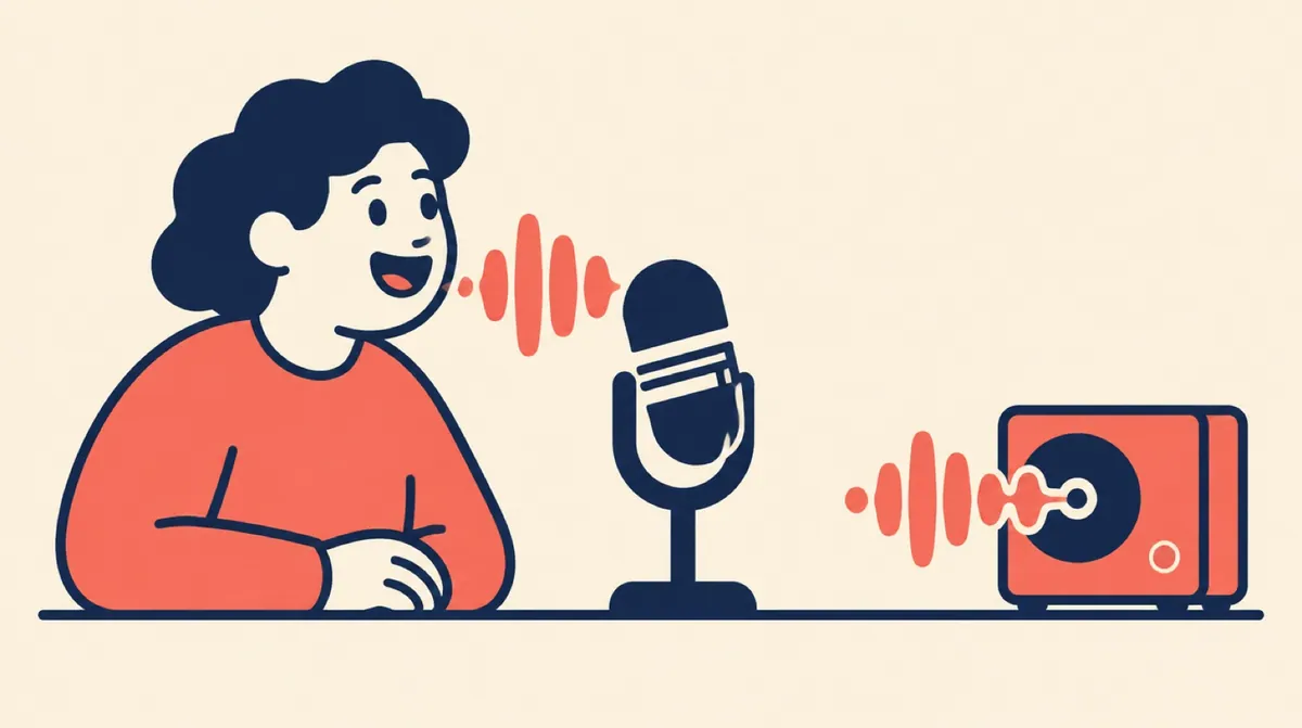 A flat vector character speaking into a microphone while an identical voice wave leaves a small box beside them
