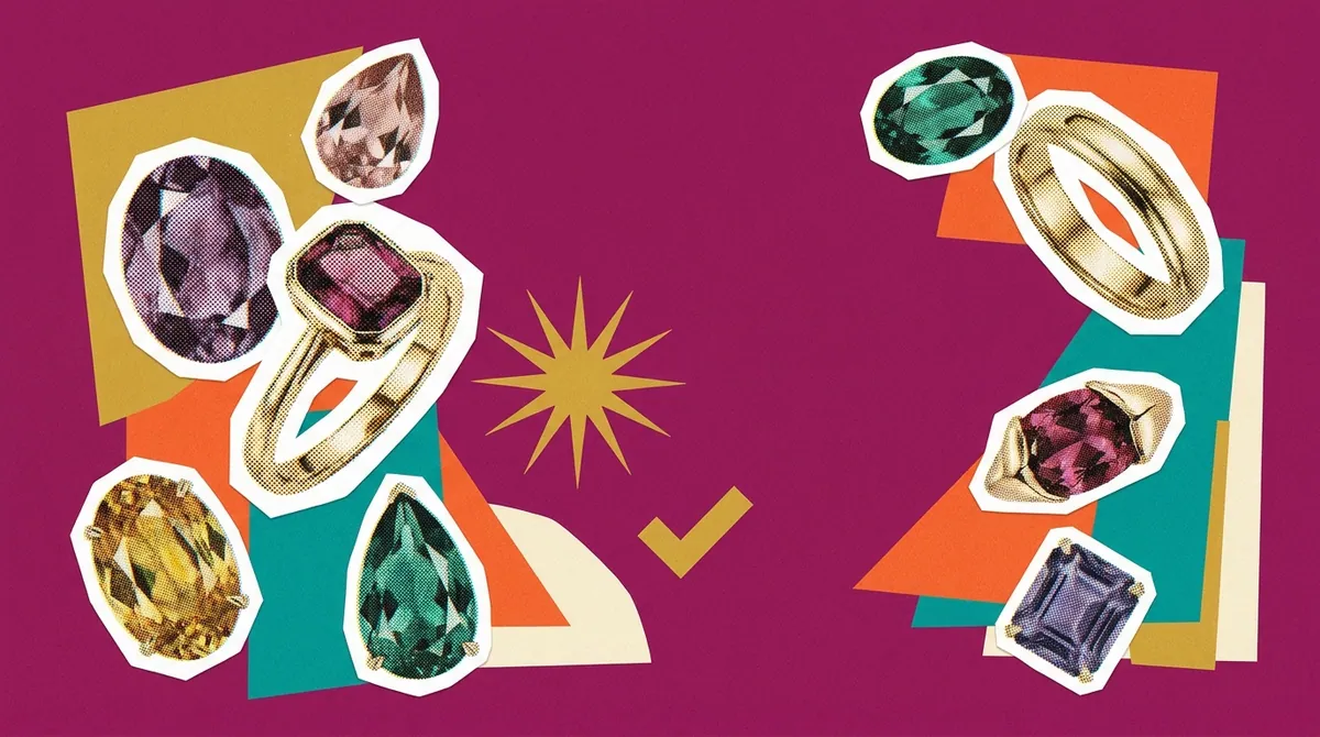 A halftone collage of cut gemstones and gold rings on a magenta ground