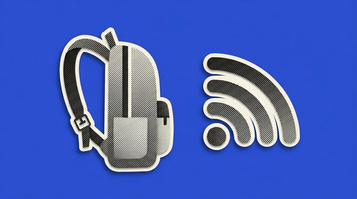 A backpack strap and a signal-wave icon arranged as a paper cutout