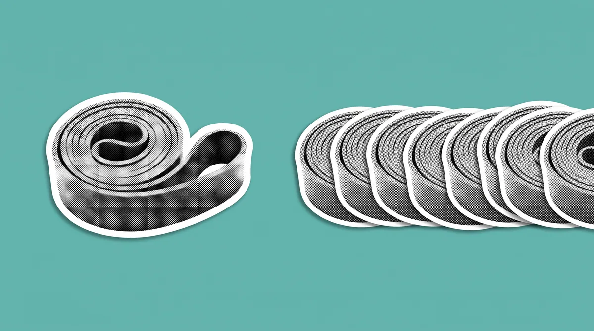 A single resistance band beside a long row of near-identical ones, as halftone cutouts on a flat teal ground