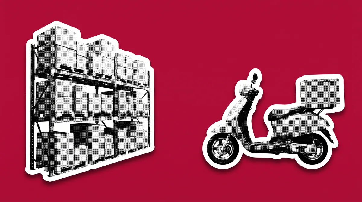 A warehouse shelf and a scooter mirror each other across a flat crimson ground, as halftone cutouts