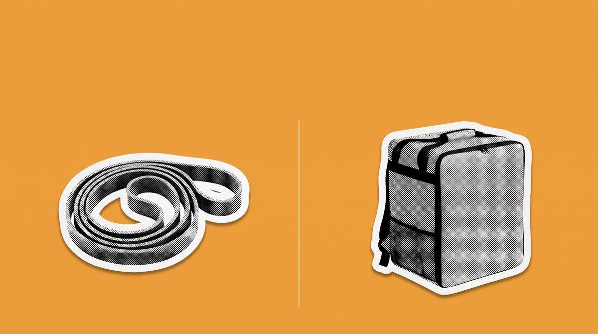 A resistance band coiled beside a delivery bag as halftone cutouts on a flat warm orange ground