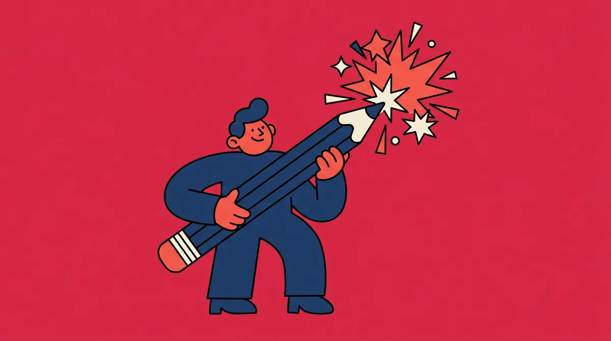 A character holding a giant pencil that bursts into spark shapes at the tip