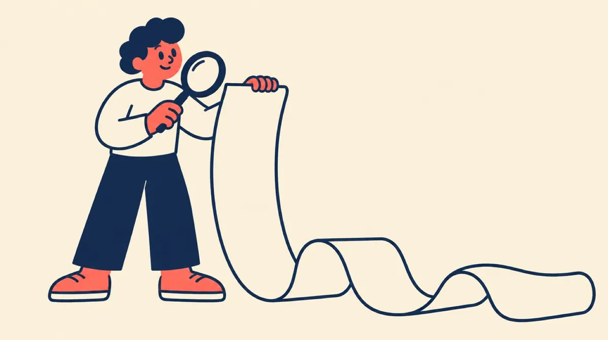 A flat vector character reading a contract that unrolls far past their feet