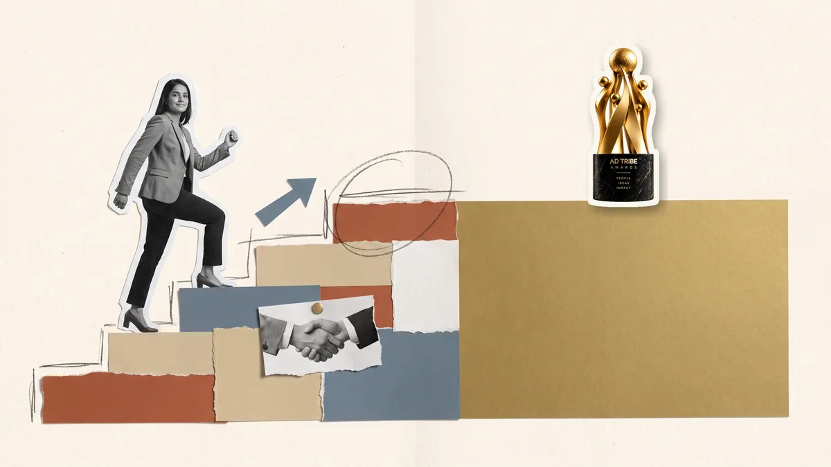 Paper collage of an agency founder climbing paper steps past a handshake towards the Ad Tribe Awards trophy on a gold platform
