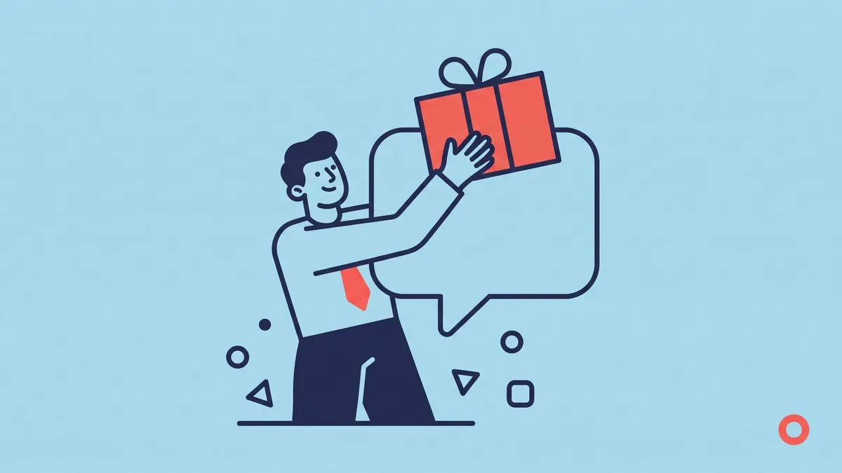 A flat vector character reaching into a speech bubble and lifting out a parcel
