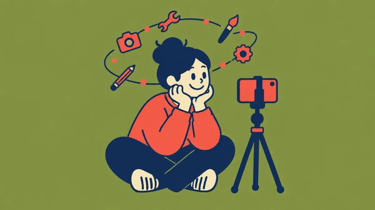 A flat vector character with a phone on a tripod surrounded by small tools orbiting them