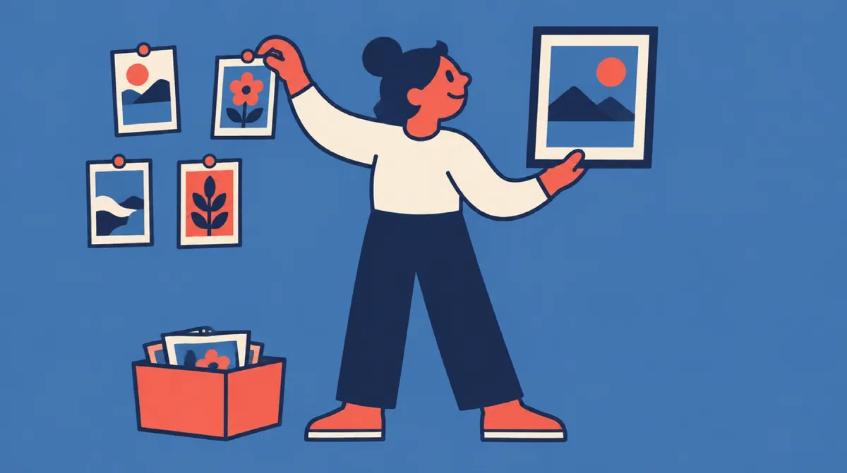 A flat vector character taking down pinned images from a wall and holding up one finished frame instead