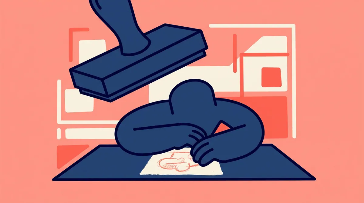 A character shielding a rough pencil sketch from a giant stamp descending toward it
