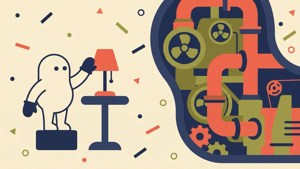 A flat vector character switching off a small lamp while a large machine hums behind the wall