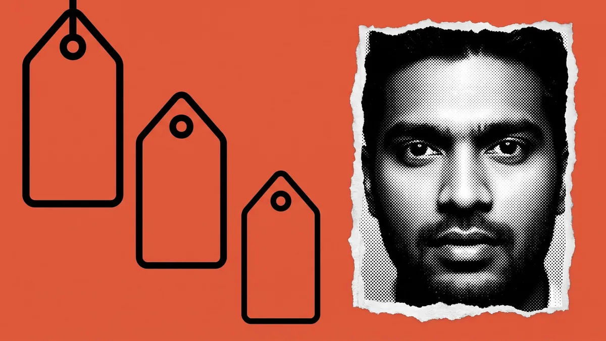 Three price tags descend in a line towards a torn halftone portrait of a man on a coral ground