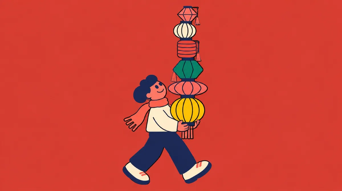 A flat vector character carrying a tall stack of identical lanterns, each one slightly different
