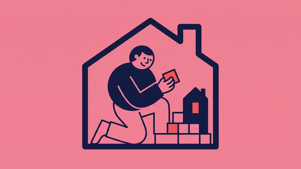 A flat vector character building a small studio inside a larger office shape