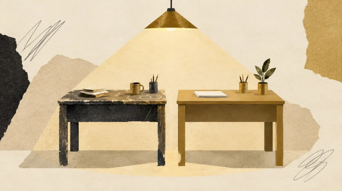 Two desks side by side, one with a worn surface and one untouched, a single lamp lighting both