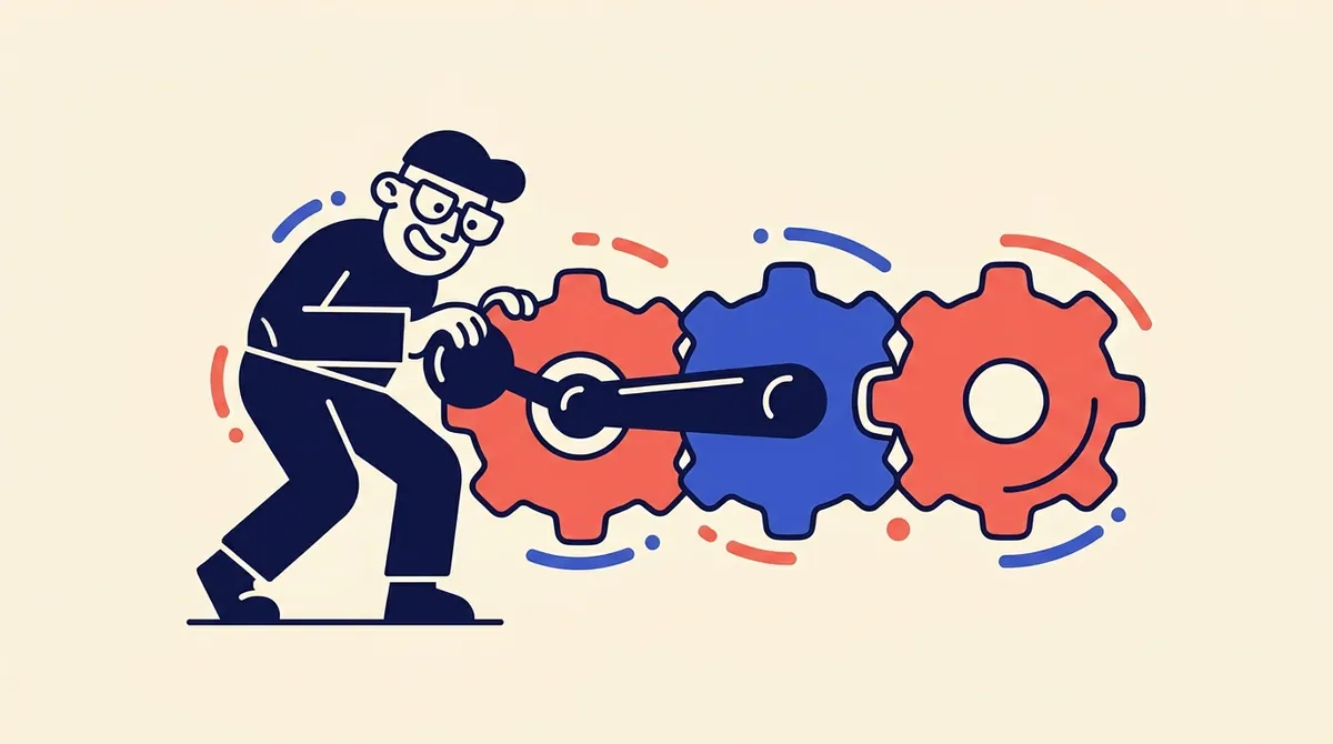 A character turning a crank handle that meshes three large interlocking gears