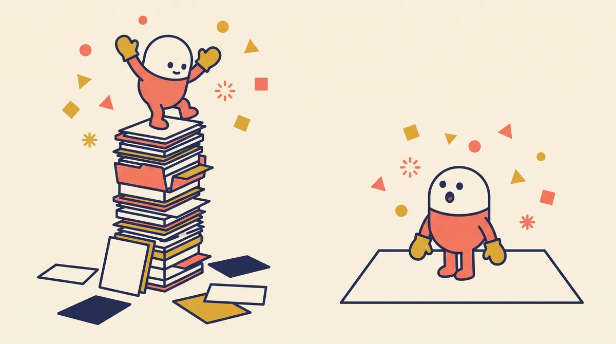 A flat vector figure standing on a tall stack of documents beside another standing on a single sheet, on cream
