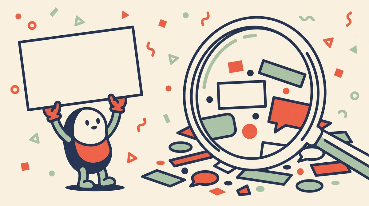A flat vector figure holding up a small brand sign while a large magnifying shape reads the evidence scattered around them, on cream