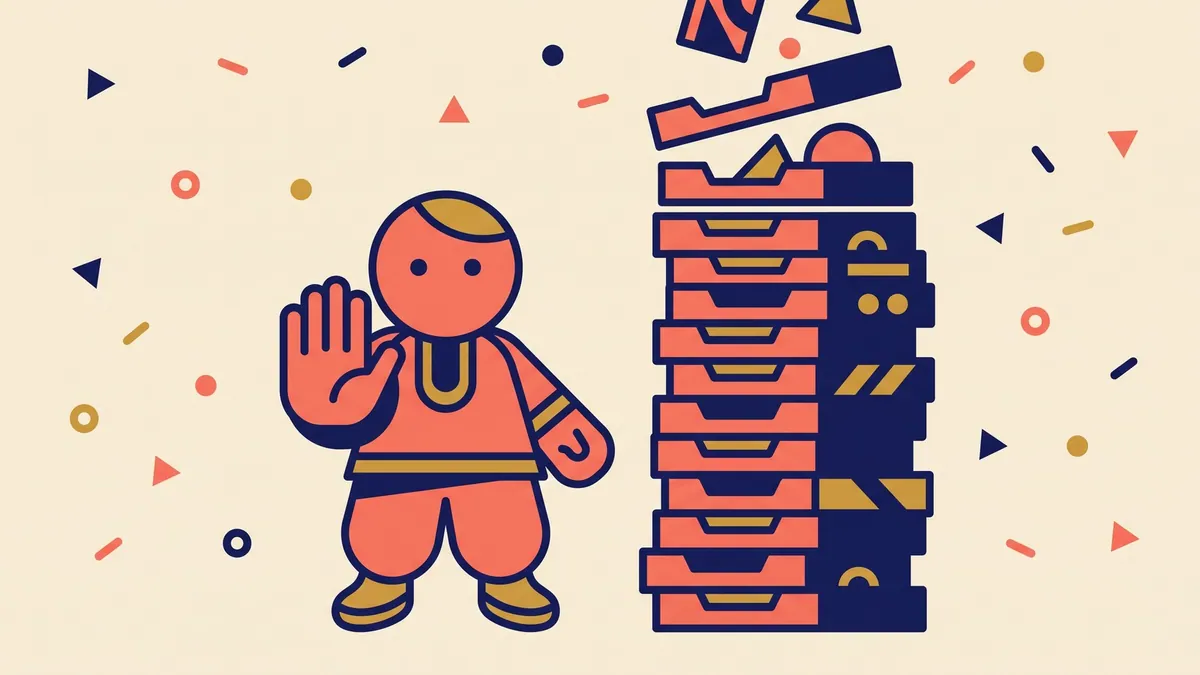 A flat vector character raising a hand to stop beside a tall growing stack of output trays