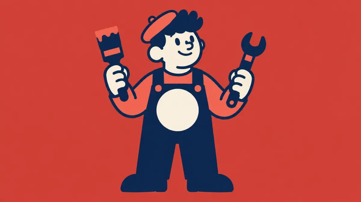 A flat vector character wearing a badge that is still blank while holding several different tools