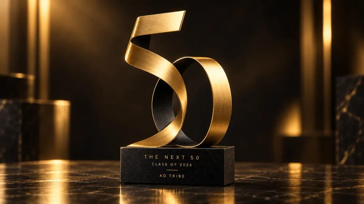 The Next 50 trophy: a gold ribbon shaped into the number 50 on a black marble base engraved The Next 50, Class of 2026, Ad Tribe