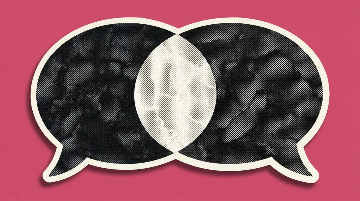 Two overlapping speech bubbles merging into one, paper-cutout style