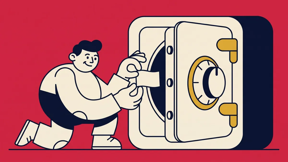 A flat vector character locking a small note into a large safe