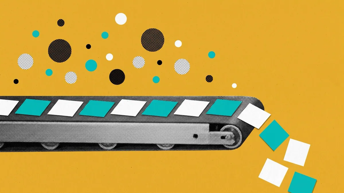 A halftone conveyor belt carrying identical small squares off the edge of the frame, on a saturated mustard ground