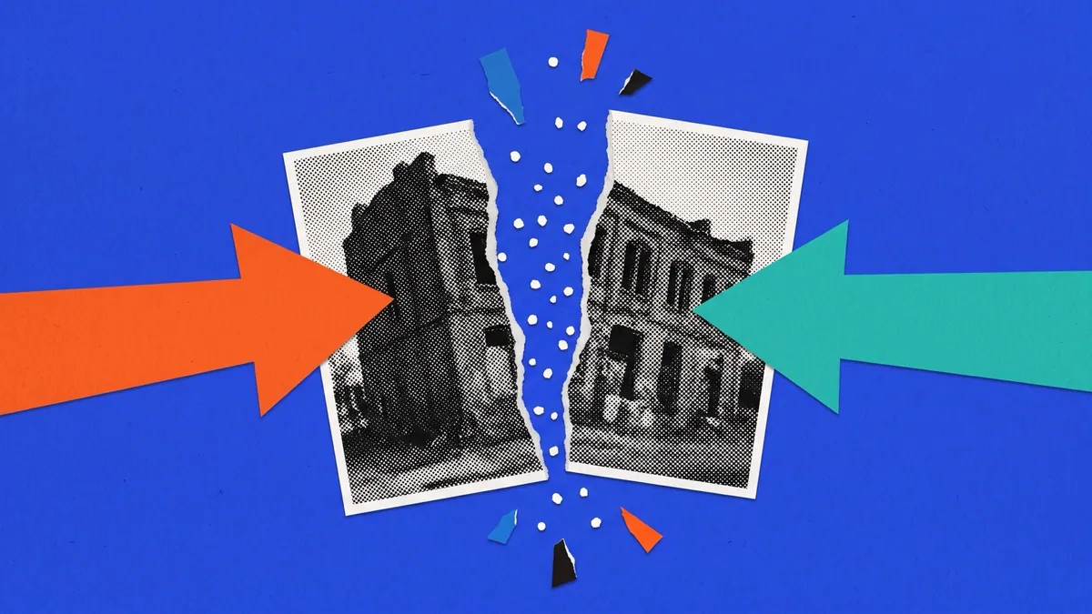 A halftone photograph being pulled in two directions by opposing cut-paper arrows, on a saturated cobalt ground