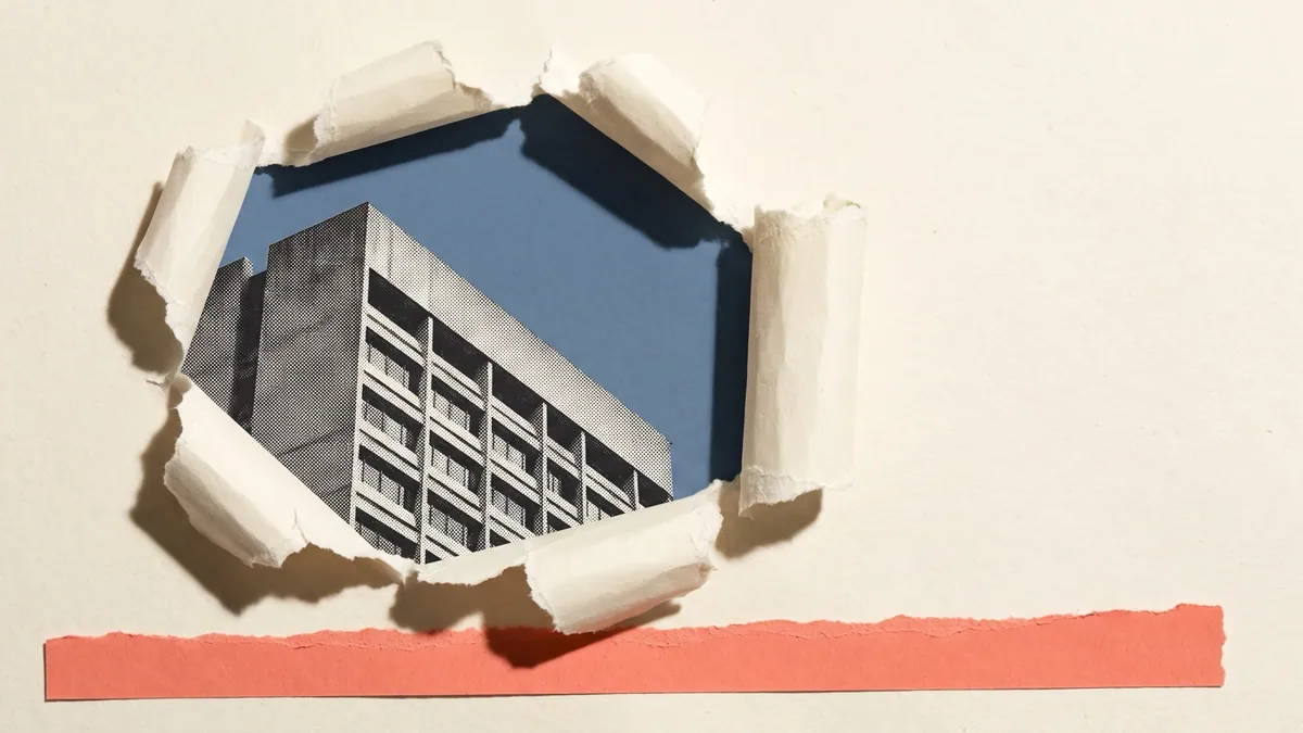 Halftone collage of a building seen through a torn hole in paper, for the rise of in-house agencies