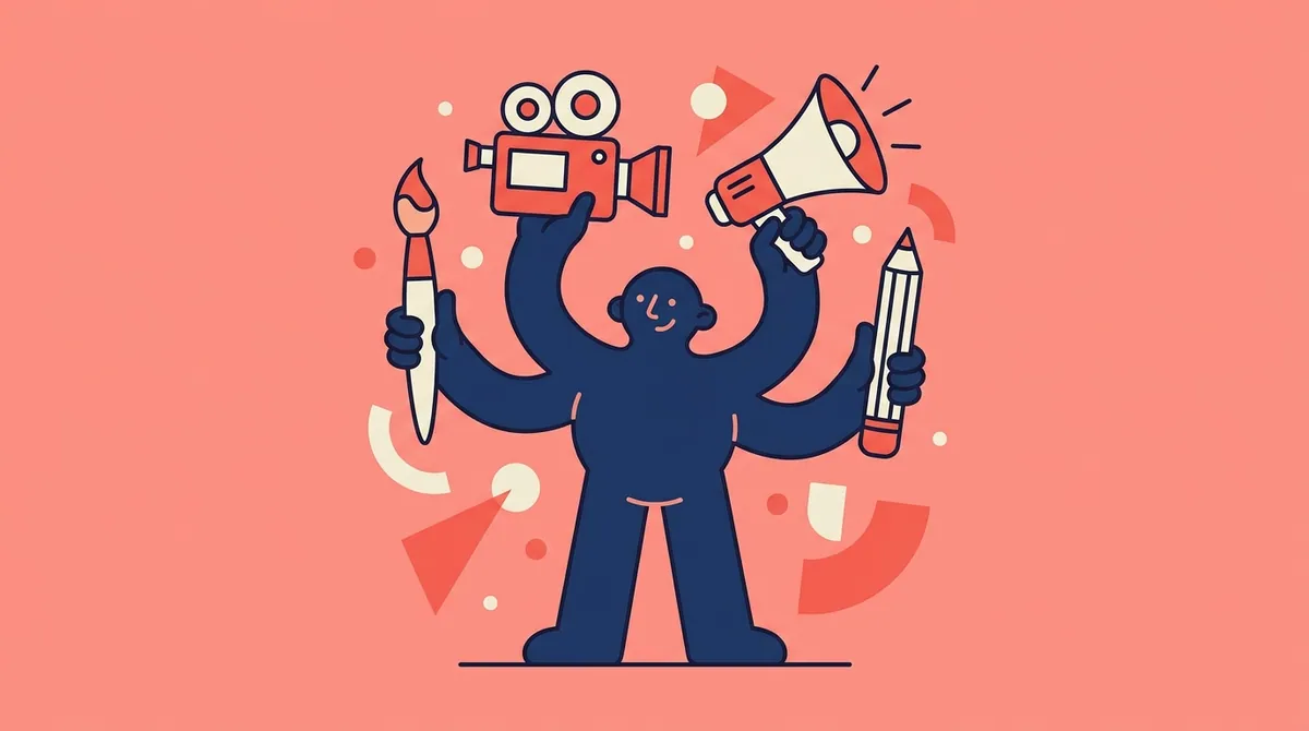 A four-armed character holding a paintbrush, camera, megaphone and pencil at once