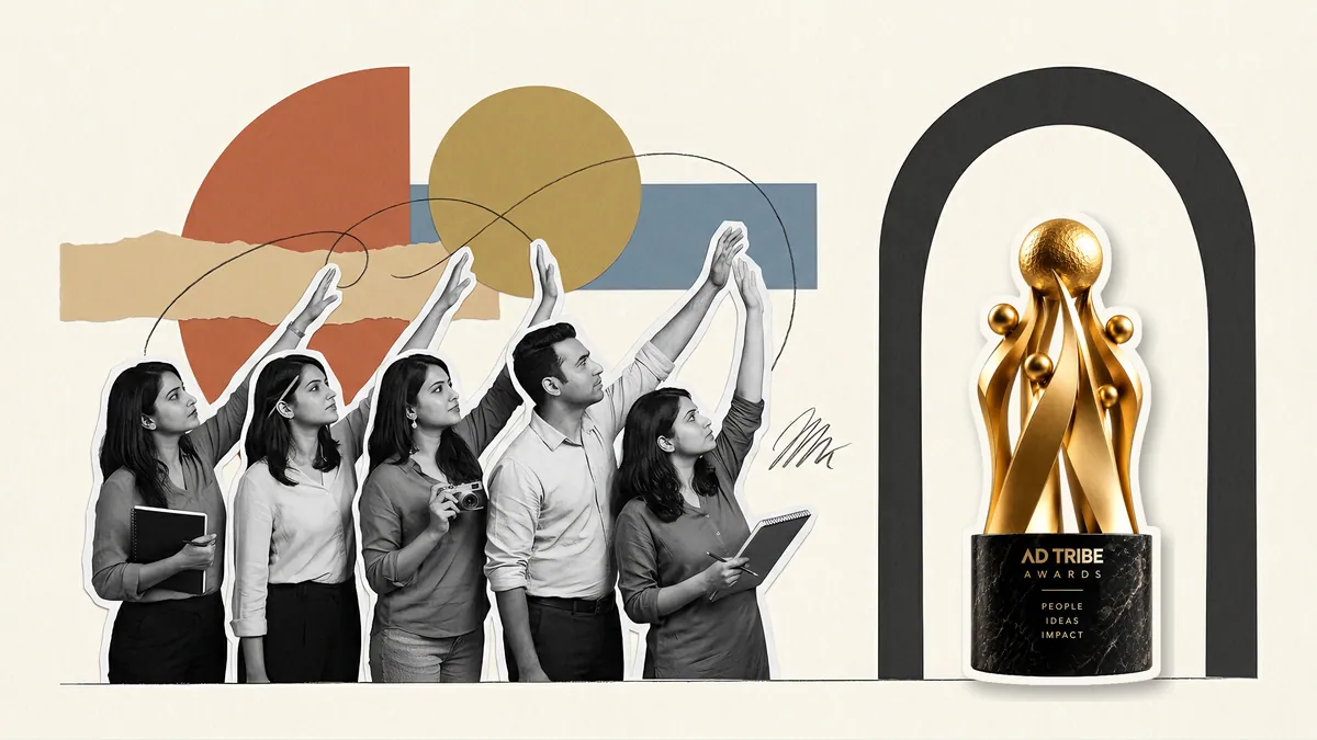 Paper collage of five agency team members reaching up together, beside the Ad Tribe Awards trophy, The Tribe, under a black paper arch