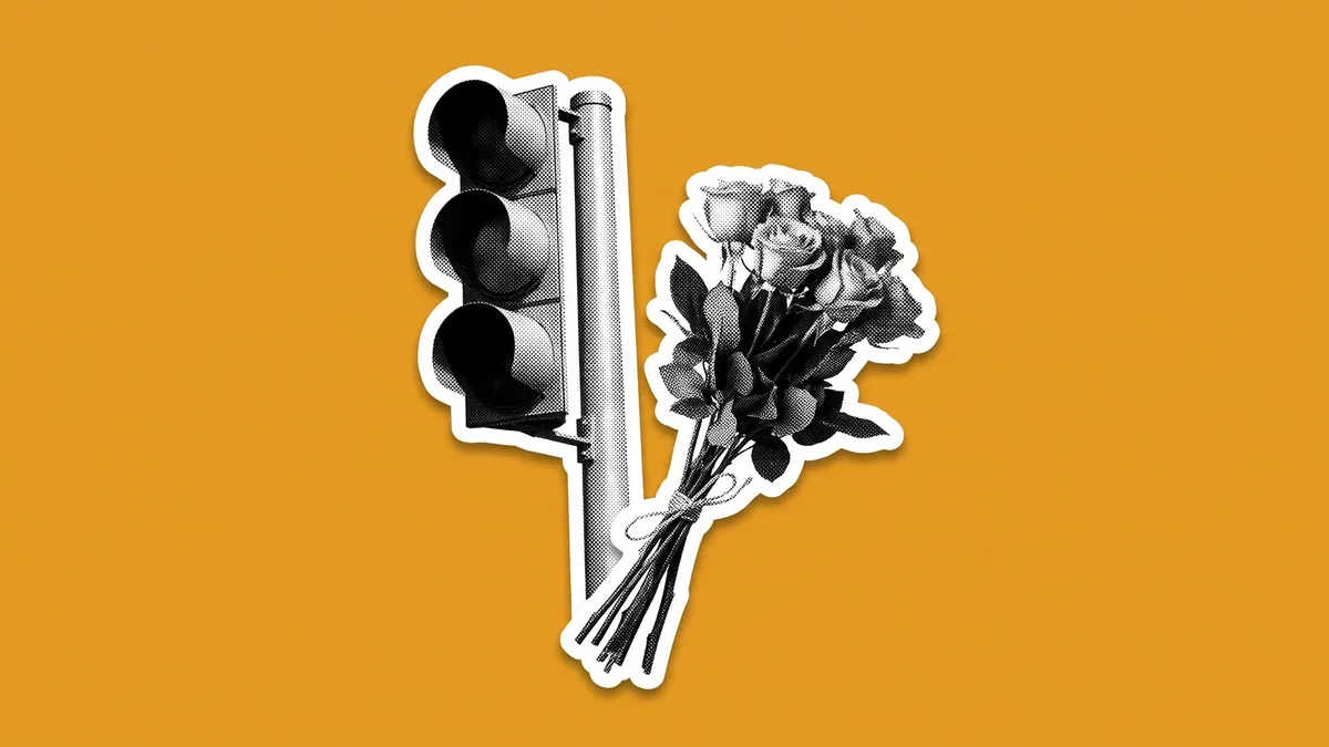 A traffic signal and a bunch of roses as white-bordered halftone cutouts on amber, for a column on selling at the lights