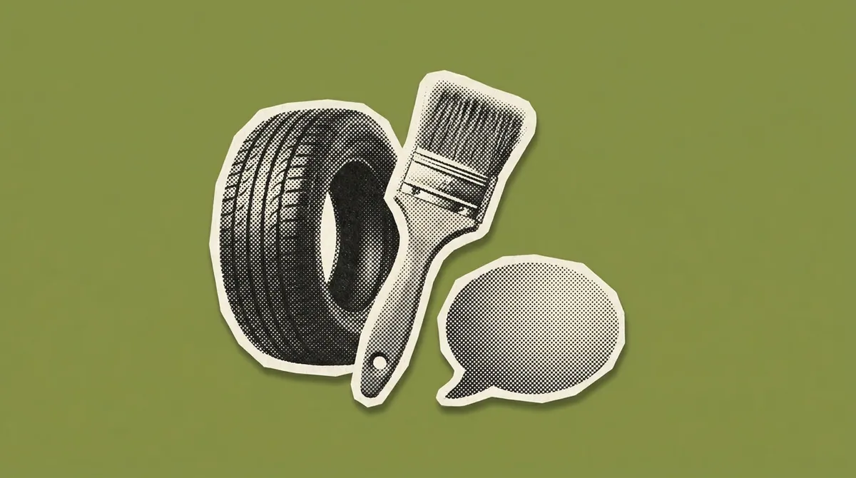 A tyre shape beside a paintbrush and a speech bubble