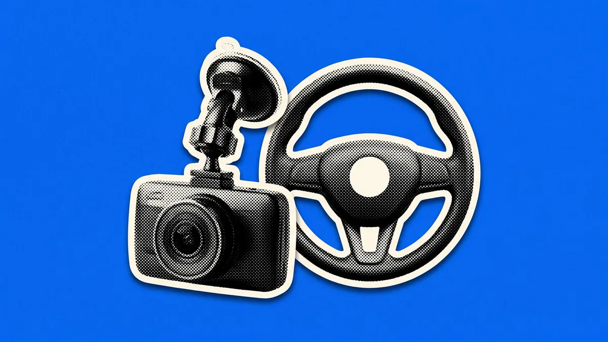 A halftone paper cutout of a dashboard camera and a car steering wheel on a flat coloured background