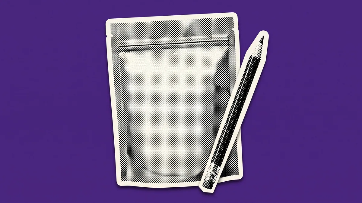 A halftone paper cutout of a resealable food pouch and a pencil on a flat coloured background