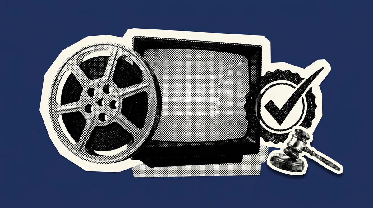A film reel and television screen beside a rising approval checkmark