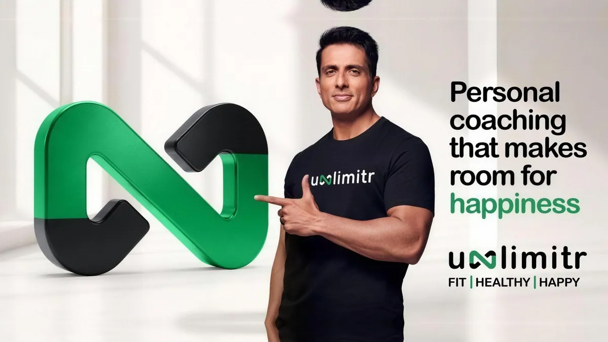 Sonu Sood beside the Unlimitr logo in the campaign key visual, with the line Personal coaching that makes room for happiness