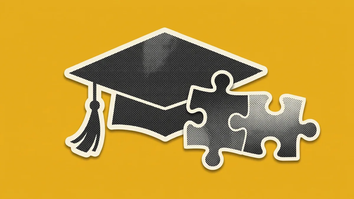 A halftone paper cutout of a graduation cap and two interlocking jigsaw pieces, on a flat mustard background