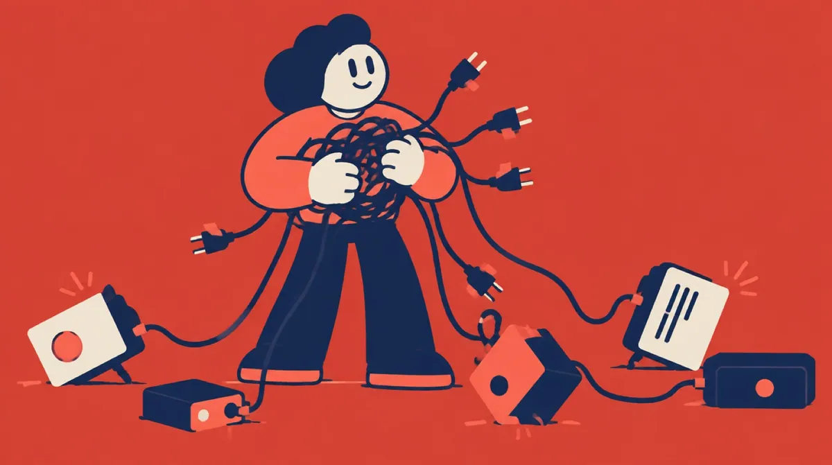 A flat vector character holding a tangle of plug cables running to many small boxes