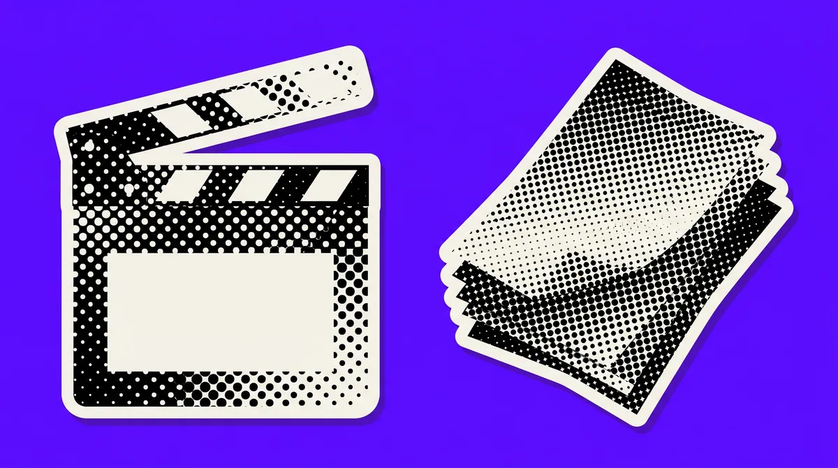 A halftone paper cutout of a film clapperboard and a stack of layered sheets on a flat coloured background