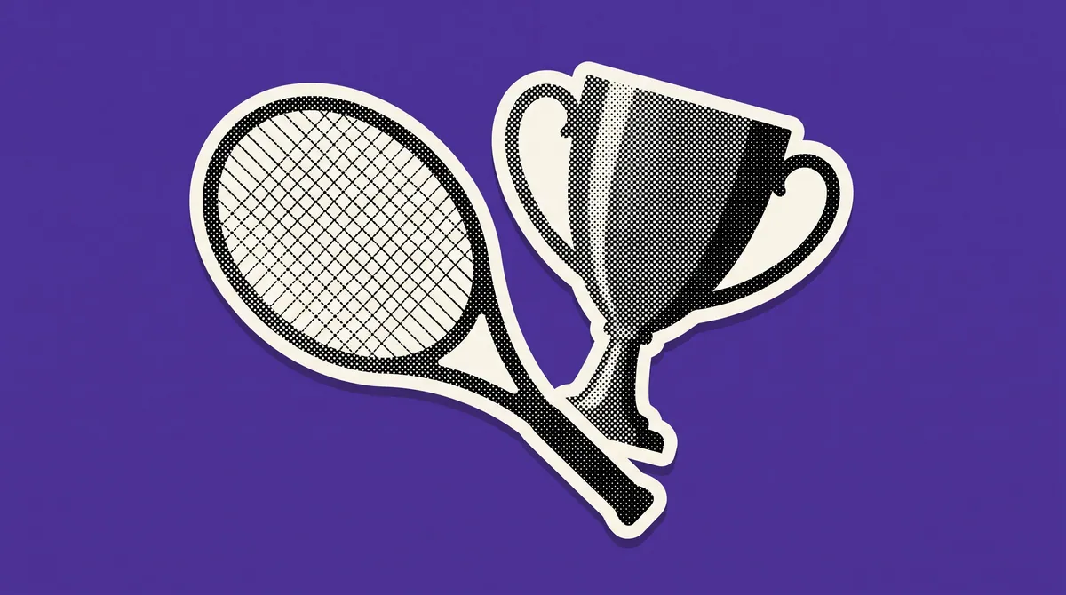 A halftone paper cutout of a tennis racquet and a trophy on a flat coloured background