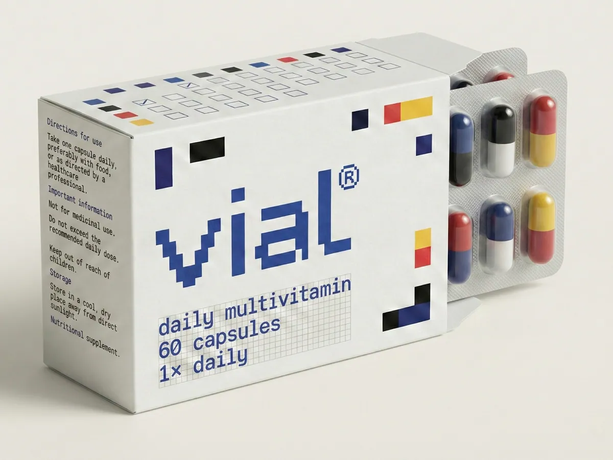 The vial daily multivitamin pack beside a blister strip of capsules, showing the pixel logotype and the printed checkbox grid