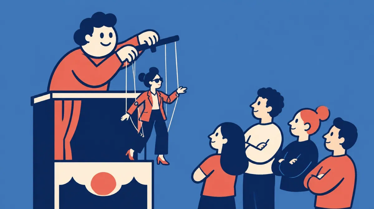 A flat vector character operating a puppet that looks exactly like a person