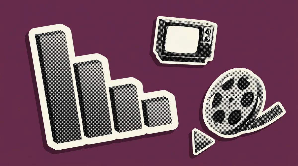 A declining bar chart beside a television screen